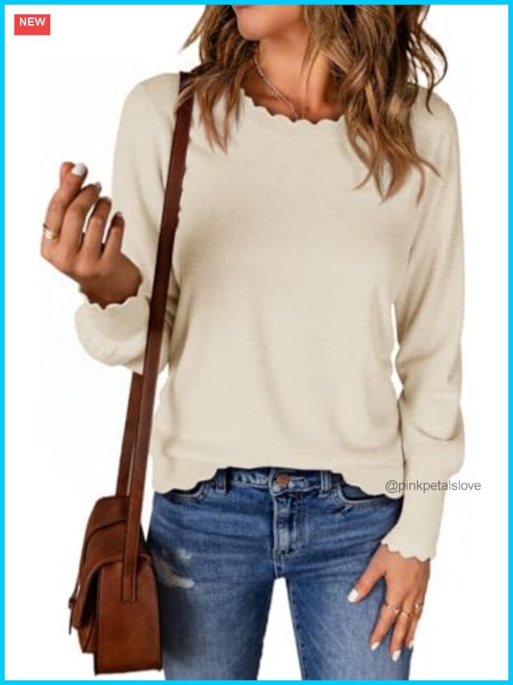 Scallop Trim Crewneck Long Sleeve Lightweight Knit Pullover Sweater